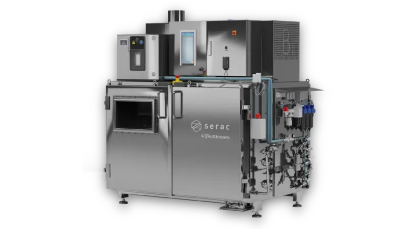 Photoreal 3D render of a stainless steel bottling machine